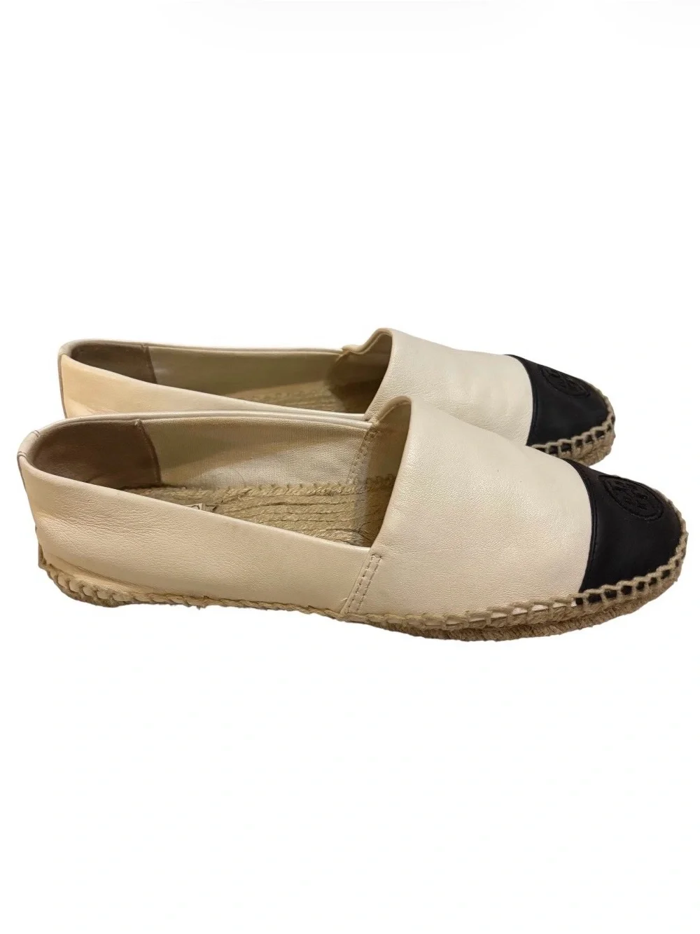 Tory Burch Cream and Black Slip-On Espadrilles, Size 9
